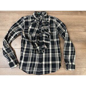 LAUREN RALPH LAUREN  PLAID RUFFLE BUTTON DOWN SHIRT Sz S